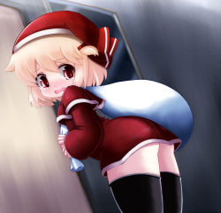 Rule 34 | 1girl, bad id, bad pixiv id, black thighhighs, blonde hair, blush, capelet, cocozasa, female focus, hat, long sleeves, open mouth, red eyes, ribbon, rumia, sack, santa costume, santa hat, short hair, solo, tears, thighhighs, touhou, wavy mouth