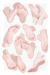 Rule 34 | 1girl, barefoot, border, close-up, crossed legs, dnaitari, feet, feet only, foot focus, grey background, highres, multiple views, original, shiny skin, soles, toenails, toes, white border