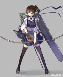 Rule 34 | 10s, 1girl, arrow (projectile), bow (weapon), brown eyes, brown hair, grey background, highres, kaga (kancolle), kantai collection, looking away, md5 mismatch, muneate, personification, quiver, resized, short hair, side ponytail, simple background, skirt, solo, standing, sumisu (mondo), thighhighs, twitter username, weapon