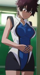Rule 34 | 10s, aragaki nagisa, blush, breasts, brown hair, embarrassed, hands on own stomach, hanebado!, large breasts, legs, mole, mole under mouth, red eyes, shirt, short hair, spiked hair, tomboy