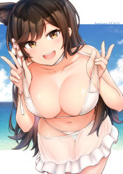 Rule 34 | 1girl, :d, animal ears, atago (azur lane), atago (summer march) (azur lane), atago (summer march) (azur lane), azur lane, bikini, black hair, blue sky, blush, breasts, brown eyes, character name, cleavage, contllenge, day, extra ears, flower, hair flower, hair ornament, highres, large breasts, leaning forward, long hair, looking at viewer, mole, mole under eye, navel, open mouth, outdoors, ribbon, sarong, sky, smile, solo, swimsuit, white bikini