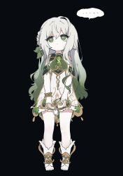 Rule 34 | ..., 1girl, 52601i, anklet, boots, braid, detached sleeves, dress, expressionless, full body, genshin impact, gold trim, gradient hair, green eyes, green hair, hair down, hair ornament, highres, jewelry, leaf hair ornament, long hair, looking at another, multicolored hair, nahida (genshin impact), pointy ears, sidelocks, solo, speech bubble, spoken ellipsis, symbol-shaped pupils, white dress, white footwear, white hair