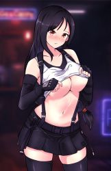 Rule 34 | 1girl, absurdres, bare shoulders, black gloves, black hair, black skirt, black thighhighs, blush, breasts, cleavage, clothes lift, collarbone, cowboy shot, crop top, elbow gloves, embarrassed, final fantasy, final fantasy vii, final fantasy vii remake, fingerless gloves, freshtango, gloves, highres, large breasts, lifted by self, long hair, looking at viewer, midriff, miniskirt, navel, nose blush, parted lips, pleated skirt, red eyes, shirt, shirt lift, skirt, sleeveless, sleeveless shirt, solo, square enix, standing, stomach, suspenders, tank top, thighhighs, tifa lockhart, zettai ryouiki