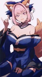 Rule 34 | 1girl, absurdres, animal ear fluff, animal ears, bare shoulders, blue hair, blue kimono, blue ribbon, blue thighhighs, breasts, cleavage, collarbone, cosplay, crying, crying with eyes open, detached collar, fang, fate/grand order, fate (series), fox ears, fox shadow puppet, fox tail, furrowed brow, grey background, hair intakes, hair ribbon, hamachamu, hand up, highres, idolmaster, idolmaster cinderella girls, japanese clothes, kimono, large breasts, long sleeves, looking at viewer, multicolored hair, open mouth, pink eyes, pink hair, ribbon, short eyebrows, simple background, sitting, skin fang, solo, tail, tail raised, tamamo (fate), tamamo no mae (fate/extra), tamamo no mae (fate/extra) (cosplay), tears, thighhighs, two-tone hair, wariza, yumemi riamu