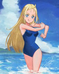 Rule 34 | 1girl, absurdres, bare arms, bare shoulders, blonde hair, blue eyes, blue one-piece swimsuit, blush, breasts, cloud, commentary, competition school swimsuit, day, english commentary, hand on own arm, highres, kofune ushio, licking lips, long hair, looking at viewer, ocean, one-piece swimsuit, outdoors, school swimsuit, shutwig, signature, smile, summertime render, swimsuit, tongue, tongue out, wading, water