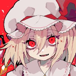 Rule 34 | 1girl, blonde hair, crystal, fang, flandre scarlet, fua yuu, hat, looking at viewer, lowres, mob cap, open mouth, red background, red ribbon, ribbon, simple background, smile, solo, touhou, upper body, wings