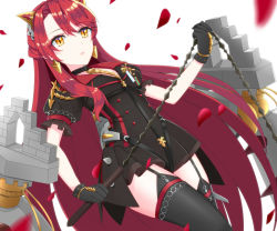 Rule 34 | 1girl, asymmetrical bangs, black gloves, black thighhighs, dutch angle, gloves, highres, holding, holding weapon, karamomo (krmmap), leap (oshiro project), long hair, oshiro project:re, oshiro project:re, puffy short sleeves, puffy sleeves, red hair, short sleeves, solo, thigh strap, thighhighs, very long hair, weapon, yellow eyes