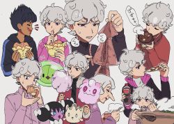 Rule 34 | 1girl, 2boys, bede (pokemon), bowl, chopsticks, clenched teeth, commentary request, creatures (company), curly hair, dark-skinned male, dark skin, food, food on face, game freak, gen 5 pokemon, gen 6 pokemon, gen 8 pokemon, gothorita, grey hair, half-closed eyes, highres, holding, holding bowl, holding chopsticks, holding food, holding pizza, hood, hoodie, hop (pokemon), milcery, multiple boys, nashubi (to infinity wow), nintendo, opal (pokemon), pizza, pizza slice, pokemon, pokemon (creature), pokemon swsh, purple eyes, short hair, solosis, speech bubble, swirlix, teeth, translation request, white background
