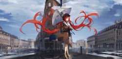 Rule 34 | 1girl, absurdres, alternate costume, blue eyes, blue sky, brown hat, brown jacket, brown skirt, building, cityscape, closed mouth, cloud, contemporary, floating hair, forehead jewel, genshin impact, hat, high heels, highres, holding, holding umbrella, jacket, long hair, low twintails, nilou (genshin impact), outdoors, red hair, shirt, skirt, sky, sleeves past wrists, smile, solo, standing, swkl:d, twintails, umbrella, very long hair, white shirt