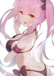Rule 34 | 1girl, ass, bikini, black bikini, breasts, brown eyes, butt crack, cleavage, fang, from behind, highres, himekuma ribon, long hair, looking back, open mouth, pink hair, re:act, resolution mismatch, ribbon, smile, solo, source larger, swimsuit, toroi jd, twintails, virtual youtuber