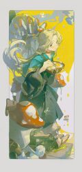 Rule 34 | 1girl, absurdres, blonde hair, blue capelet, blue robe, book holster, border, bowl, braid, bubble, capelet, chinese commentary, chopsticks, commentary, crumbs, dripping, dungeon meshi, egg, elf, food, food in mouth, food on face, french braid, green eyes, highres, holding, holding bowl, holding chopsticks, long hair, looking at viewer, marcille donato, moss, mushroom, on stairs, pants, pointy ears, puffy cheeks, red ribbon, ribbon, robe, sandals, sanyang003, shiitake, sliced, stairs, stone stairs, very long hair, walking mushroom (dungeon meshi), white border, white pants, wide sleeves, yellow background