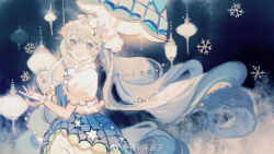 1girl beads blue_background blue_dress blue_hair chinese_commentary cloud_hair_ornament commentary_request cowboy_shot dress floating_hair frilled_gloves frilled_sleeves frills fur-trimmed_jacket fur_trim gloves gradient_hair grey_hair hair_beads hair_ornament hand_on_own_chest happy hatsune_miku jacket lamp long_hair multicolored_hair open_clothes open_jacket outstretched_hand plaid_clothes plaid_skirt puffy_short_sleeves puffy_sleeves senryoko short_dress short_sleeves skirt skirt_under_dress snowflake_hair_ornament snowflakes solo standing very_long_hair vocaloid watermark weibo_watermark white_gloves white_jacket white_skirt yuki_miku