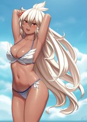 Rule 34 | 1girl, :d, ahoge, armpits, arms up, bikini, blue sky, blush, breasts, cleavage, cloud, cowboy shot, dark-skinned female, dark skin, day, flower, granblue fantasy, hair between eyes, hair flower, hair ornament, highres, large breasts, long hair, looking at viewer, lvl (sentrythe2310), navel, open mouth, outdoors, red eyes, sky, smile, solo, stomach, swimsuit, very long hair, white bikini, white hair, zooey (granblue fantasy), zooey (summer) (granblue fantasy)
