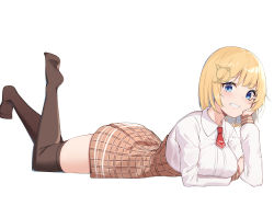 Rule 34 | 1girl, absurdres, blonde hair, blue eyes, breasts, brown skirt, brown thighhighs, cheek rest, collared shirt, grin, hair ornament, hairclip, high-waist skirt, highres, hololive, hololive english, legs up, long sleeves, looking at viewer, lying, medium breasts, necktie, no shoes, on stomach, plaid, plaid skirt, pleated skirt, shirt, short hair, short necktie, skirt, smile, solo, thighhighs, virtual youtuber, watson amelia, white shirt, zettai ryouiki, ziro (zirorong)