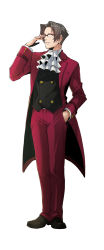 Rule 34 | 1boy, ace attorney, ascot, coat, glasses, grey hair, hand in pocket, hand on own face, hand up, highres, ascot, lianh13, long sleeves, male focus, miles edgeworth, official alternate costume, open clothes, open coat, pants, parted bangs, phoenix wright: ace attorney - dual destinies, red coat, red pants, solo, standing, vest, white background