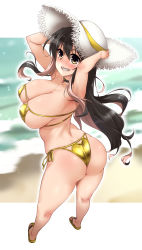 Rule 34 | 1girl, absurdres, arms behind back, ass, bad id, bad twitter id, beach, bikini, black hair, breasts, commentary request, from behind, full body, gold bikini, grin, hat, highres, kantai collection, large breasts, long hair, multicolored hair, naganami (kancolle), pink hair, sandals, side-tie bikini bottom, smile, solo, standing, straw hat, swimsuit, two-tone hair, wavy hair, white hat, yoshi tama