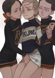 Rule 34 | 3girls, bad id, bad pixiv id, black eyes, black hair, blonde hair, blue eyes, bullying, cheerleader, clothes lift, clothes writing, cowboy shot, dress, dress lift, earrings, face-to-face, feason, female focus, fingering, forced, hand grab, hand in panties, jewelry, long hair, long sleeves, looking at another, molestation, multiple girls, original, panties, parted lips, ponytail, restrained, short dress, simple background, standing, turtleneck, underwear, white background, whitney kawinski, yuri