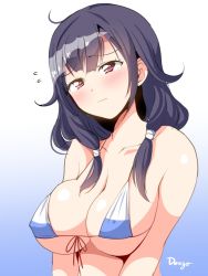 Rule 34 | 1girl, ahoge, artist name, bare shoulders, bikini, blush, breasts, cleavage, collarbone, deego (omochi bazooka), gradient background, hair flaps, highres, kantai collection, large breasts, low twintails, micro bikini, purple eyes, purple hair, simple background, solo, swimsuit, taigei (kancolle), twintails, wavy mouth, white background