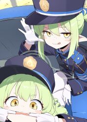 Rule 34 | 2girls, absurdres, black hat, black jacket, blue archive, blush stickers, breasts, closed mouth, domado, earrings, finger in own mouth, gloves, green hair, green halo, hair between eyes, halo, hat, highres, hikari (blue archive), jacket, jewelry, long hair, long sleeves, looking at viewer, making faces, multiple girls, nozomi (blue archive), pantyhose, peaked cap, pointy ears, siblings, sisters, small breasts, smile, taunting, tongue, tongue out, twins, twintails, white gloves, white pantyhose, yellow eyes