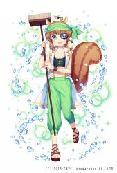Rule 34 | 1girl, :o, acorn, animal, animal ears, animal on head, animal on shoulder, bandana, bare shoulders, blush, breasts, broom, brown hair, clothed animal, collared vest, eyepatch, feet, full body, gothic wa mahou otome, green eyes, green pants, highres, holding, holding broom, jenevan, midriff, navel, no socks, official art, on head, open clothes, open vest, pants, pirate, puffy pants, round teeth, sandals, short hair, small breasts, solo, sparkle, squirrel, squirrel ears, squirrel tail, standing, standing on one leg, tail, teeth, toes, vest, watermark, white background, white vest, wristband