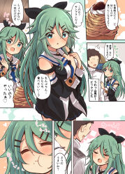 Rule 34 | 10s, 1boy, 1girl, admiral (kancolle), black ribbon, blush, comic, commentary request, dessert, detached sleeves, closed eyes, feeding, food, green eyes, green hair, hair between eyes, hair ornament, hair ribbon, hairclip, highres, kantai collection, long hair, looking at viewer, military, military uniform, neckerchief, open mouth, ponytail, pout, ribbon, school uniform, serafuku, speech bubble, suzuki toto, translation request, uniform, yamakaze (kancolle)