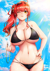 Rule 34 | 1girl, ;d, ahoge, alternate costume, azur lane, bikini, black bikini, blush, breasts, brown eyes, cleavage, collarbone, cowboy shot, goggles, goggles on head, hair ornament, hand on own hip, highres, holding, holding whistle, ibara azuki, large breasts, long hair, looking at viewer, navel, o-ring, o-ring bikini, one eye closed, open mouth, red hair, side ponytail, signature, skindentation, smile, solo, sunlight, swimsuit, underboob, whistle, zara (azur lane), zara (poolside coincidence) (azur lane)