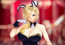 Rule 34 | 1girl, animal ears, azur lane, black leotard, blonde hair, blue eyes, blurry, blurry background, breasts, rabbit ears, cleavage, detached collar, earrings, fake animal ears, gloves, hair over one eye, hair over shoulder, hayabusa, highres, hood (azur lane), jewelry, large breasts, leotard, long hair, looking at viewer, one eye closed, parted lips, playboy bunny, smile, solo, strapless, strapless leotard, upper body, white gloves, wrist cuffs