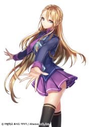Rule 34 | 1girl, blonde hair, blue eyes, copyright name, long hair, official art, outstretched arms, sid story, sila (carpen), skirt, solo, spread arms, thighhighs