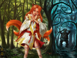 Rule 34 | 1boy, 1girl, animal ears, forest, fox, fox ears, fox tail, green eyes, grin, lace, lace-trimmed legwear, lace trim, limfoman, multiple tails, nature, outdoors, red hair, self-upload, smile, sparkle, standing, tail, thighhighs, tree