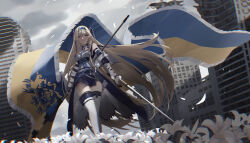 Rule 34 | 1girl, absurdly long hair, absurdres, arknights, battle standard, blonde hair, blue eyes, blue hairband, blue necktie, blue skirt, braid, breasts, chromatic aberration, city, closed mouth, commentary request, detached collar, dragon horns, elbow pads, feet out of frame, flag, flower, hair spread out, hairband, highres, holding, holding flag, holding sword, holding weapon, horns, igawa hikaru, kingdom of victoria logo, lily (flower), long hair, looking at viewer, medium breasts, necktie, petals, pointy ears, rapier, saileach (arknights), shirt, skirt, solo, strapless, strapless shirt, sword, thighhighs, very long hair, war flag, weapon, white thighhighs, zettai ryouiki