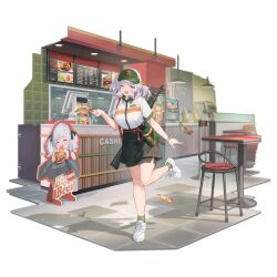 Rule 34 | 1girl, ;d, apron, black apron, black skirt, blush, booth seating, breasts, burger, cash register, ceiling light, chair, character cutout, coffee maker, collared shirt, combat shotgun, counter, dual-mode shotgun, employee uniform, english text, fast food, fast food uniform, fingernails, flyer, food, franchi, full body, girls&#039; frontline, green bag, green hat, green socks, gun, hat, highres, holding flyer, large breasts, looking at viewer, menu board, napkin, official alternate costume, official art, one eye closed, open mouth, pump-action shotgun, pump action, restaurant, semi-automatic firearm, semi-automatic shotgun, shadow, shirt, short sleeves, shotgun, skirt, smile, socks, soda fountain, solo, spas-12 (girls&#039; frontline), spas-15, spas-15 (girls&#039; frontline), spas-15 (miss pittsburgh) (girls&#039; frontline), standing, standing on one leg, table, teeth, third-party source, tile floor, tiles, transparent background, u jie, uniform, upper teeth only, visor cap, waist apron, watch, weapon, white footwear, white shirt, wristwatch