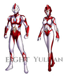 1boy 1girl bodysuit breasts color_timer compound_eyes full_body garoshirou highres large_breasts looking_at_viewer red_bodysuit silver_bodysuit tokusatsu ultra_series ultraman_80 ultraman_80_(series) yellow_eyes yullian