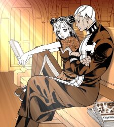Rule 34 | 1boy, 1girl, aged down, bible (object), church, closed eyes, commentary request, crossed arms, dark-skinned male, dark skin, double bun, enrico pucci, hair bun, holding, indoors, jojo no kimyou na bouken, kid (kidocchi), kuujou jolyne, long hair, long sleeves, looking at another, multicolored hair, pants, pew, priest, shoes, sitting, sneakers, stone ocean, two-tone hair