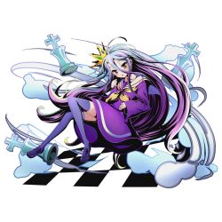 Rule 34 | 10s, 1girl, ahoge, alpha transparency, blue thighhighs, chess piece, collarbone, crown, divine gate, dress, full body, hair between eyes, king (chess), long hair, looking at viewer, multicolored hair, no game no life, official art, purple dress, purple hair, red eyes, shiro (no game no life), silver hair, solo, thighhighs, transparent background, two-tone hair, ucmm, very long hair
