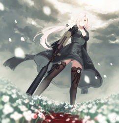 Rule 34 | 1girl, assault rifle, aug (girls&#039; frontline), black dress, black thighhighs, blood, bullpup, cloud, cloudy sky, commentary request, dress, dutch angle, extended barrel, field, flower, flower field, girls&#039; frontline, gun, hair flower, hair ornament, hair over one eye, hayabusa, highres, holding, holding gun, holding weapon, long hair, looking at viewer, panties, pantyshot, rifle, sky, solo, standing, steyr aug, suppressor, thighhighs, underwear, weapon, white hair, yellow eyes
