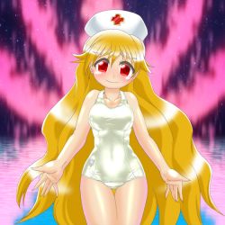 Rule 34 | 1girl, blonde hair, blush, breasts, commentary request, hat, head tilt, junko (touhou), large breasts, long hair, looking at viewer, nurse cap, one-piece swimsuit, open hands, red eyes, school swimsuit, shiny clothes, smile, solo, swimsuit, thigh gap, touhou, very long hair, white one-piece swimsuit, white school swimsuit, winn