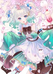 Rule 34 | 1girl, :3, :d, apron, aqua dress, blue eyes, breasts, cherry blossoms, commission, detached sleeves, dress, feet out of frame, frills, gradient hair, highres, indie virtual youtuber, maid apron, maid headdress, medium breasts, medium hair, mint fantome, multicolored hair, open mouth, second-party source, sleeves past fingers, sleeves past wrists, smile, solo, triangular headpiece, two side up, virtual youtuber, white apron, white hair, xiaola kirara