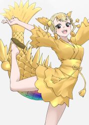 Rule 34 | 1girl, :d, arms up, bare legs, black eyes, blonde hair, commentary, fang, fins, fish girl, fish tail, grey background, head fins, highres, japanese clothes, kemono friends, kimono, kinshachi (kemono friends), looking at viewer, obi, open mouth, outstretched arms, sandals, sash, scales, short hair, sidelocks, simple background, smile, solo, standing, standing on one leg, tail, tanabe (fueisei), teeth, upper teeth only, wide sleeves, yellow kimono, zouri