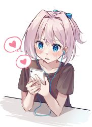 Rule 34 | black shirt, blue eyes, cellphone, collarbone, earbuds, earphones, elbow on table, hair intakes, heart, highres, holding, holding phone, kantai collection, phone, pink hair, shiranui (kancolle), shirt, short hair, short ponytail, simple background, smartphone, speech bubble, spoken heart, sweat, u yuz xx