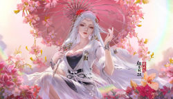 Rule 34 | 1girl, breasts, chinese clothes, cleavage, flower, grey eyes, hair flower, hair ornament, hair tubes, long hair, medium breasts, moonlight blade, oil-paper umbrella, parted lips, rainbow, solo, umbrella, white hair, wide sleeves, wrist cuffs, yinse qi ji