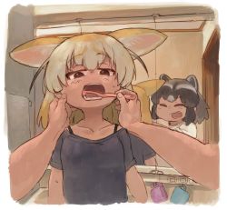 Rule 34 | 10s, 2girls, ^ ^, alternate costume, animal ears, bathroom, bell (hellchan3), black hair, black shirt, blonde hair, bra strap, brown eyes, brushing another&#039;s teeth, brushing teeth, casual, closed eyes, collarbone, commentary request, common raccoon (kemono friends), contemporary, extra ears, fang, female pov, fennec (kemono friends), foreshortening, fox ears, grey hair, half-closed eyes, hand on another&#039;s cheek, hand on another&#039;s face, hands up, highres, holding, holding toothbrush, indoors, kemono friends, looking at another, medium hair, mirror, multicolored hair, multiple girls, open mouth, pov, raccoon ears, reflection, shirt, short sleeves, sidelocks, smile, sweat, toothbrush, upper body, white shirt