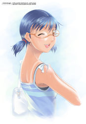 Rule 34 | 1girl, ;d, bag, blue hair, brown eyes, glasses, one eye closed, open mouth, original, short hair, short twintails, smile, solo, sweat, tan, tanline, twintails, wink, yokohama hidesato