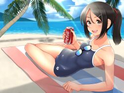 Rule 34 | 1girl, absurdres, arena (company), beach, black hair, black one-piece swimsuit, blue sky, brown eyes, can, cloud, coca-cola, commentary request, competition school swimsuit, day, drink can, eyewear hang, hair strand, highres, horizon, long hair, lying, medium hair, mountainous horizon, ocean, on side, one-piece swimsuit, original, outdoors, palm tree, parted bangs, ponytail, school swimsuit, sky, soda can, solo, swimsuit, tree, tussy, unworn eyewear