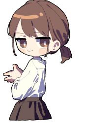 Rule 34 | 1girl, black outline, bright pupils, brown eyes, brown hair, brown skirt, chibi, closed mouth, commentary, cowboy shot, from side, jaggy lines, long sleeves, looking at viewer, looking to the side, nama udon, no nose, outline, own hands together, shirt, shirt tucked in, short hair, short ponytail, simple background, skirt, smile, solo, standing, touhou, usami renko, white background, white pupils, white shirt