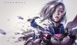 Rule 34 | 1girl, alternate costume, alternate hair color, android, artist name, breasts, cable, chengwei pan, cyberpunk, cyborg, damaged, fiora (league of legends), floating hair, glowing, glowing eyes, hair over one eye, highres, league of legends, looking at viewer, mechanical parts, neon trim, parted lips, pink eyes, project: fiora, short hair, silver hair, simple background, solo, upper body, wind