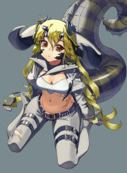 Rule 34 | 1girl, arknights, breasts, brown eyes, crocodilian tail, dragon horns, dragon tail, estelle (arknights), gloves, green hair, hair between eyes, horns, large breasts, large tail, long hair, looking at viewer, pants, ryooo, scar, simple background, solo, tail, torn clothes, torn legwear