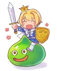 Rule 34 | 10s, 1boy, blush stickers, cape, crown, dragon quest, closed eyes, holding, holding weapon, idolmaster, idolmaster side-m, male focus, nona (831korokke), pierre (idolmaster), riding, shield, slime (dragon quest), slime knight, smile, solo, weapon