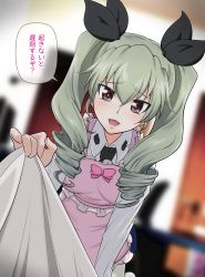 Rule 34 | 10s, 1girl, absurdres, anchovy (girls und panzer), apron, bed sheet, blurry, blush, bow, brown eyes, depth of field, drill hair, girls und panzer, grey hair, hair bow, highres, indoors, looking at viewer, open mouth, solo, torietsu kurou, torikoshi kurou, translation request, twin drills