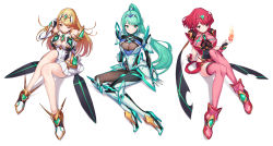 Rule 34 | 3girls, absurdres, blonde hair, breasts, chest jewel, cleavage, cleavage cutout, clothing cutout, female focus, fire, green322, green eyes, green hair, high heels, highres, large breasts, long hair, matching hair/eyes, multiple girls, multiple persona, mythra (xenoblade), neon trim, nintendo, pneuma (xenoblade), ponytail, pyra (xenoblade), red eyes, red hair, red legwear, see-through, short hair, simple background, spoilers, swept bangs, thighhighs, thighs, very long hair, xenoblade chronicles (series), xenoblade chronicles 2, yellow eyes