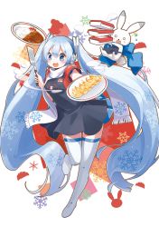 Rule 34 | 1girl, 1other, apron, badge, black apron, blue eyes, blue hair, blue ribbon, blush, boots, box, curry, curry rice, dera fury, dumpling, earmuffs, food, full body, giving, hair ornament, hatsune miku, holding, holding box, holding plate, holding spatula, jiaozi, leg up, light blue hair, long hair, open mouth, plate, rabbit, rabbit yukine, ribbon, rice, scarf, smile, snowflake print, snowflakes, solid circle eyes, spatula, standing, steam, sweap, thigh boots, thighhighs, twintails, very long hair, vocaloid, white scarf, white thighhighs, yuki miku, yuki miku (2011), zettai ryouiki